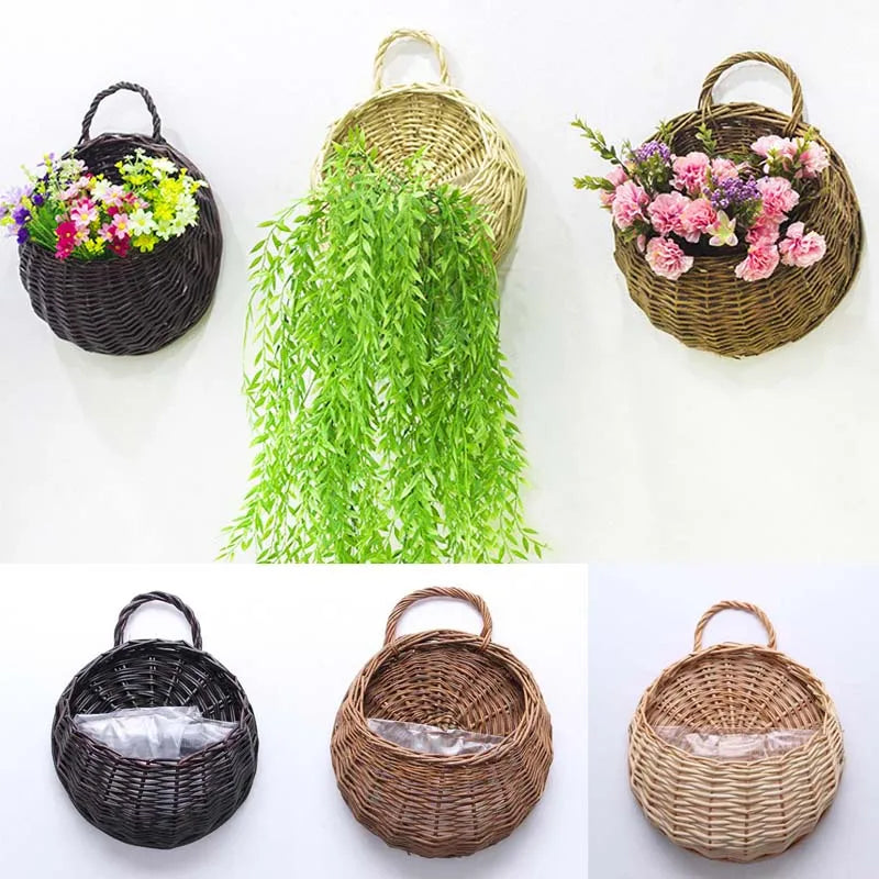 Hand Made Wicker Rattan Flower Planter Wall Hanging Wicker Rattam Basket Garden Vine Pot Plants Holder Garden Pots Wall Planter - Onyx Decor