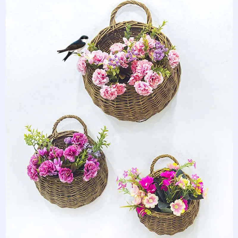 Hand Made Wicker Rattan Flower Planter Wall Hanging Wicker Rattam Basket Garden Vine Pot Plants Holder Garden Pots Wall Planter - Onyx Decor