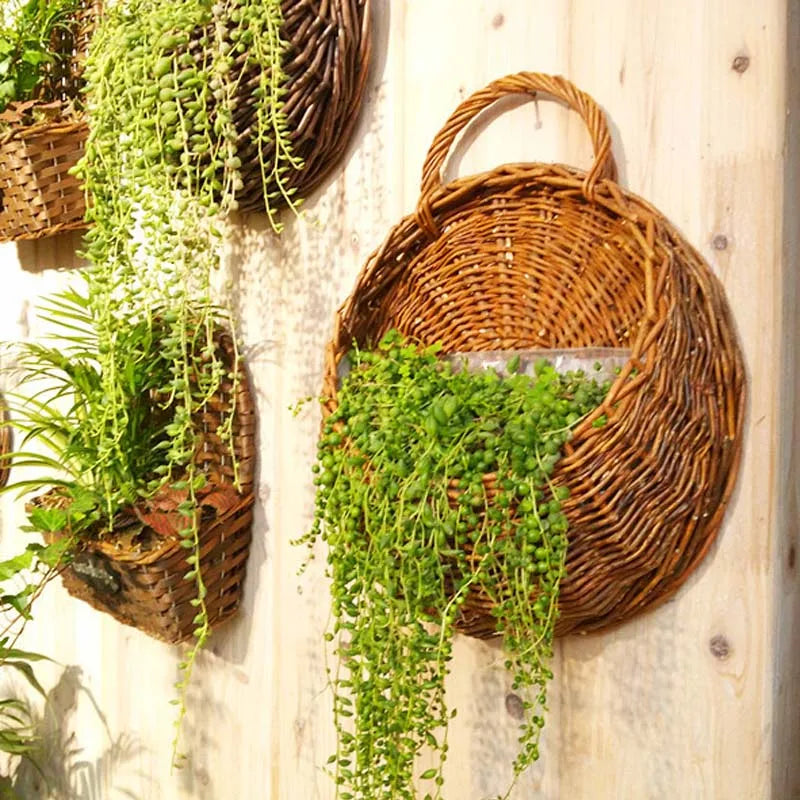 Hand Made Wicker Rattan Flower Planter Wall Hanging Wicker Rattam Basket Garden Vine Pot Plants Holder Garden Pots Wall Planter - Onyx Decor